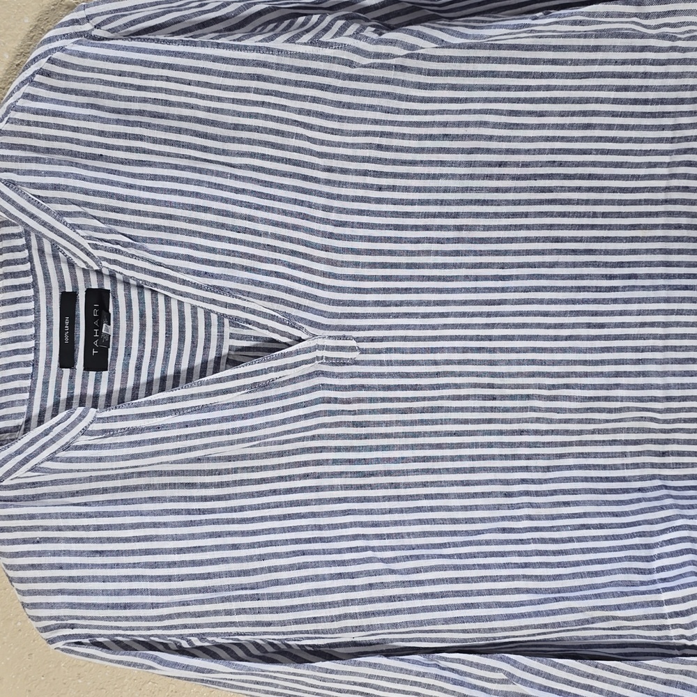 Tahari Striped Linen Tunic Top - Picture 2 of 7